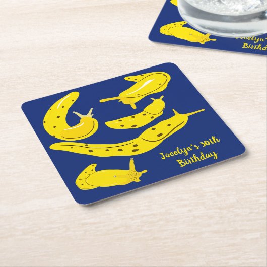 Bananenkokers Geel en Blauw Douanepartij Kartonnen Onderzetters (Schuin)