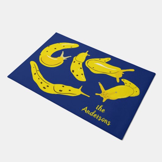 Bananennaaktslakken Grafisch Geel en Blauw Geperso Deurmat (Schuin)