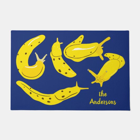 Bananennaaktslakken Grafisch Geel en Blauw Geperso Deurmat (Voorkant)
