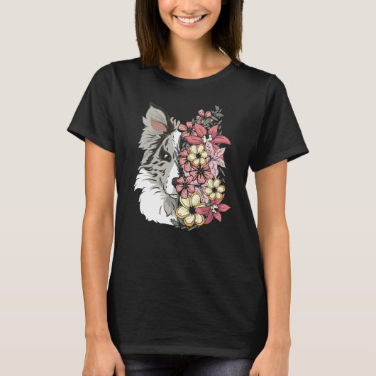 Band Collie Blue Merle met bloemen T-shirt (Voorkant)