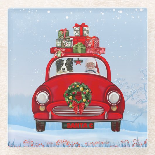 Band collie Dog in auto met kerstman Glazen Onderzetter (Voorkant)