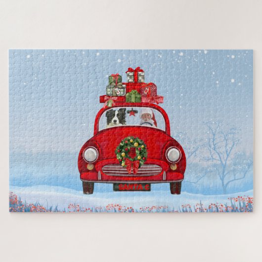 Band collie Dog in auto met kerstman Legpuzzel (Horizontaal)