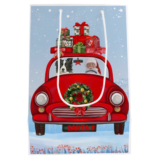 Band collie Dog in auto met kerstman Medium Cadeauzakje (Achterkant)