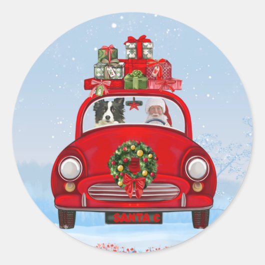 Band collie Dog in auto met kerstman Ronde Sticker (Voorkant)