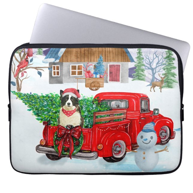 Band collie dog in kerstcadeau vrachtwagen sneeuw laptop sleeve (Voorkant)