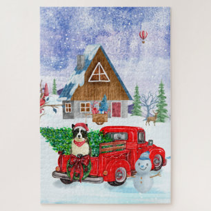 Band collie dog in kerstcadeau vrachtwagen sneeuw legpuzzel