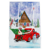 Band collie dog in kerstcadeau vrachtwagen sneeuw medium cadeauzakje (Achterkant)