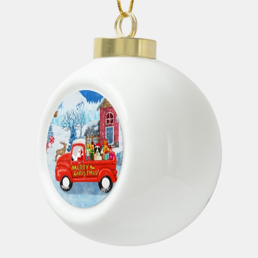 Band Collie Dog in kerstcadeauwagen Keramische Bal Ornament (Rechts)