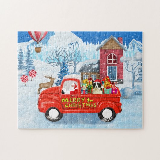 Band Collie Dog in kerstcadeauwagen Legpuzzel (Horizontaal)