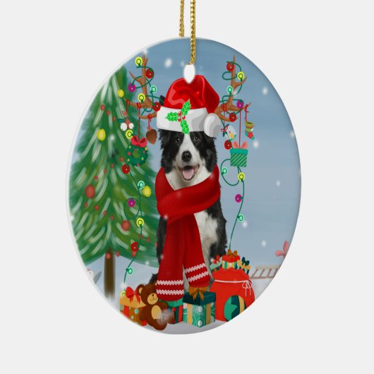 Band Collie dog in Snow met kerstcadeaus Keramisch Ornament (Rechts)