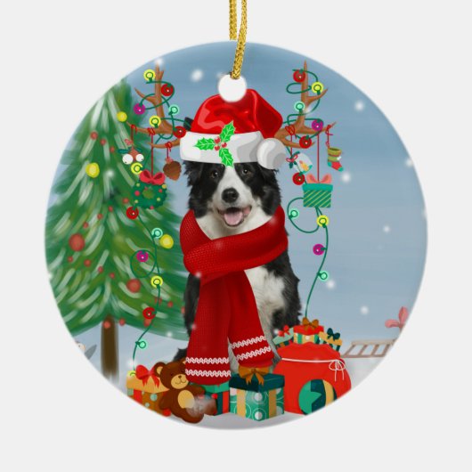 Band Collie dog in Snow met kerstcadeaus Keramisch Ornament (Voorkant)