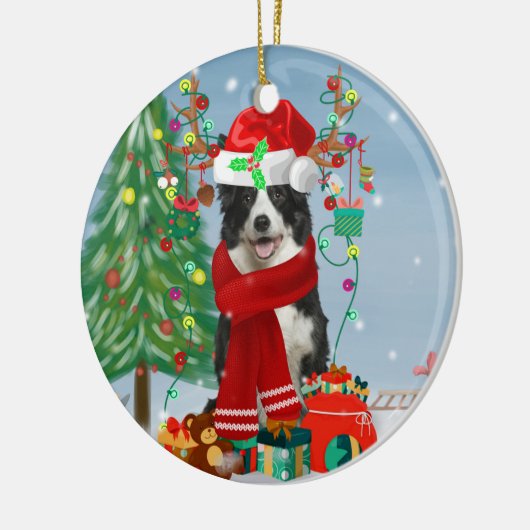 Band Collie dog in Snow met kerstcadeaus Keramisch Ornament (Links)