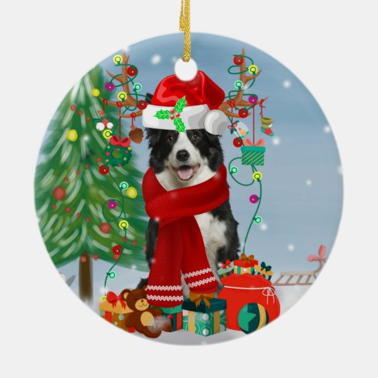 Band Collie dog in Snow met kerstcadeaus Keramisch Ornament (Achterkant)