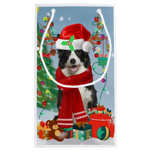 Band Collie dog in Snow met kerstcadeaus Klein Cadeauzakje (Achterkant)