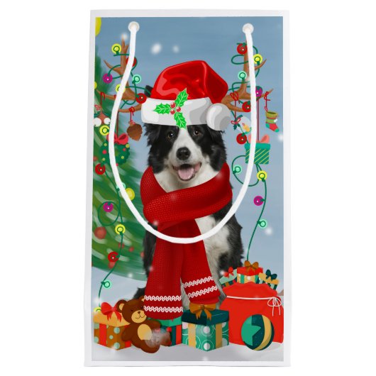 Band Collie dog in Snow met kerstcadeaus Klein Cadeauzakje (Voorkant)