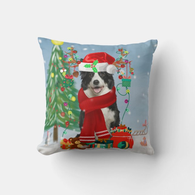 Band Collie dog in Snow met kerstcadeaus Kussen (Voorkant)