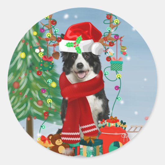 Band Collie dog in Snow met kerstcadeaus Ronde Sticker (Voorkant)