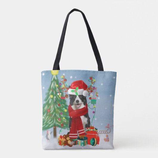 Band Collie dog in Snow met kerstcadeaus Tote Bag (Achterkant)