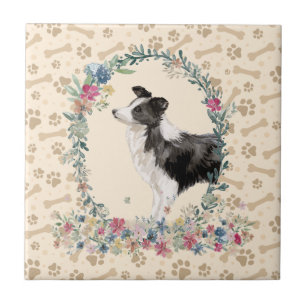Band Collie Dog Paw Print Floral Cute Beige Tegeltje