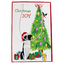Band Collie Dog Santa Hat en kerstboom Medium Cadeauzakje