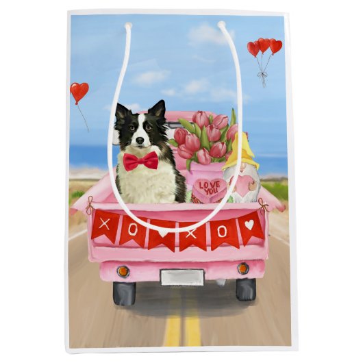 Band Collie Dog Valentijnsdag Truck Hearts Medium Cadeauzakje (Voorkant)