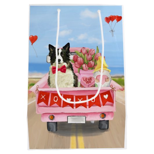 Band Collie Dog Valentijnsdag Truck Hearts Medium Cadeauzakje (Achterkant)