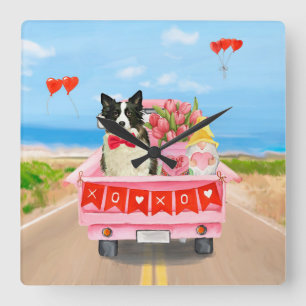 Band Collie Dog Valentijnsdag Truck Hearts Vierkante Klok