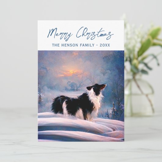 Band-collie in Winter Snowy Landscape Kerstmis Feestdagenkaart (Staand voorkant)