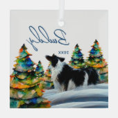 Band-collie in wintersneeuwbos kerstboom glas ornament (Achterkant)