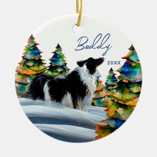 Band-collie in wintersneeuwbos kerstboom keramisch ornament (Voorkant)