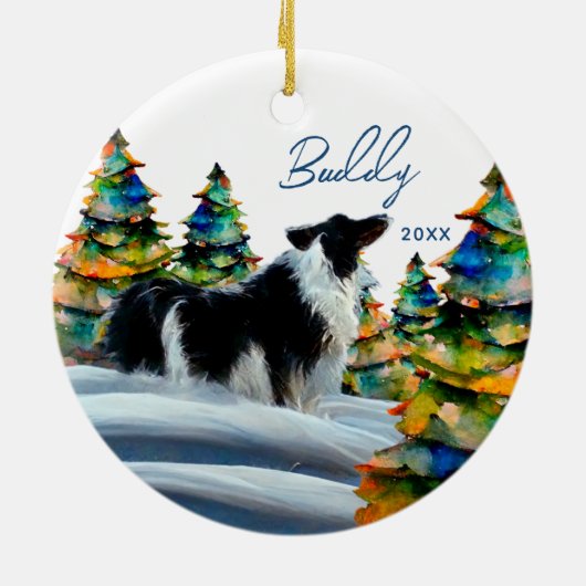 Band-collie in wintersneeuwbos kerstboom keramisch ornament (Achterkant)
