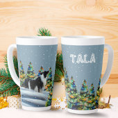 Band-collie in wintersneeuwbos kerstboom latte mok