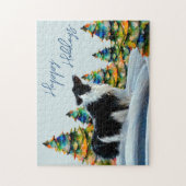 Band-collie in wintersneeuwbos kerstboom legpuzzel (Verticaal)