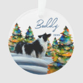 Band-collie in wintersneeuwbos kerstboom ornament (voorkant)
