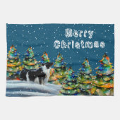 Band-collie in wintersneeuwbos kerstboom theedoek (Horizontaal)