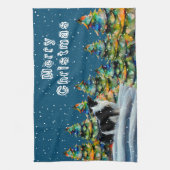 Band-collie in wintersneeuwbos kerstboom theedoek (Verticaal)