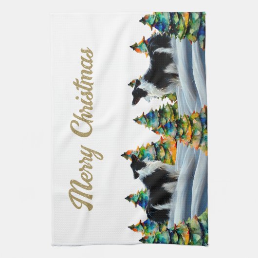 Band-collie in wintersneeuwbos kerstboom theedoek (Verticaal)