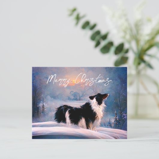Band-collie in wintersneeuwlandschap Kerstmis Feestdagenkaart (Staand voorkant)
