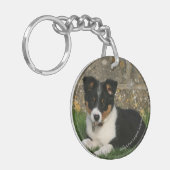 Band Collie Puppy met Leaf in Mouth Sleutelhanger (Voorkant Links)