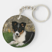 Band Collie Puppy met Leaf in Mouth Sleutelhanger (Achterkant)