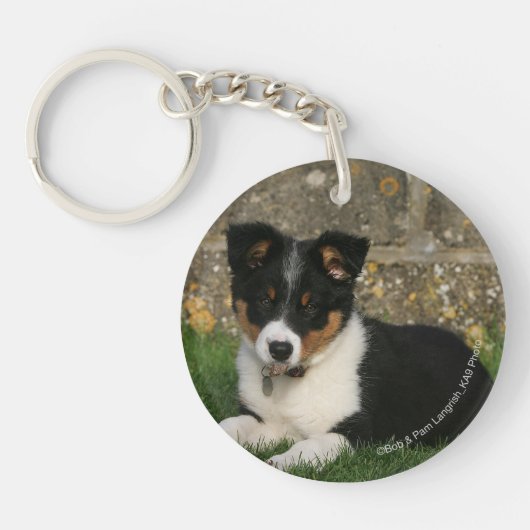 Band Collie Puppy met Leaf in Mouth Sleutelhanger (Voorkant)