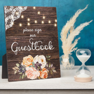 Band met houten kant Blush Peach Floral Guestbook Fotoplaat