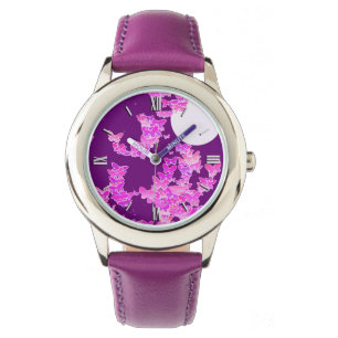 Band met vlinders - orchidee, amethyst horloge