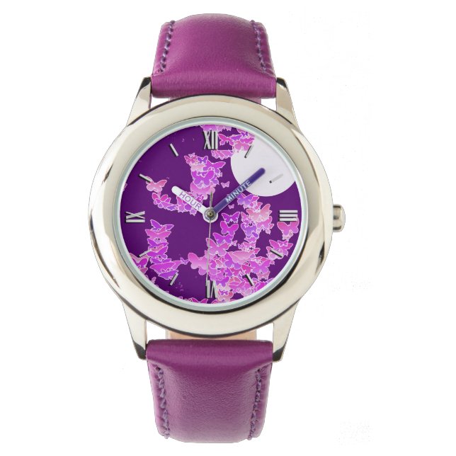Band met vlinders - orchidee, amethyst horloge (Voorkant)