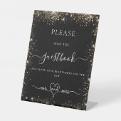 Band met zwarte goudglitter-gastenboek reclamebord met voetstuk (Voorkant)