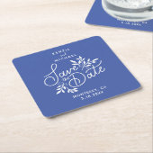 Band Save the Date Hand Drawn Botanicals Blue Kartonnen Onderzetters (Schuin)