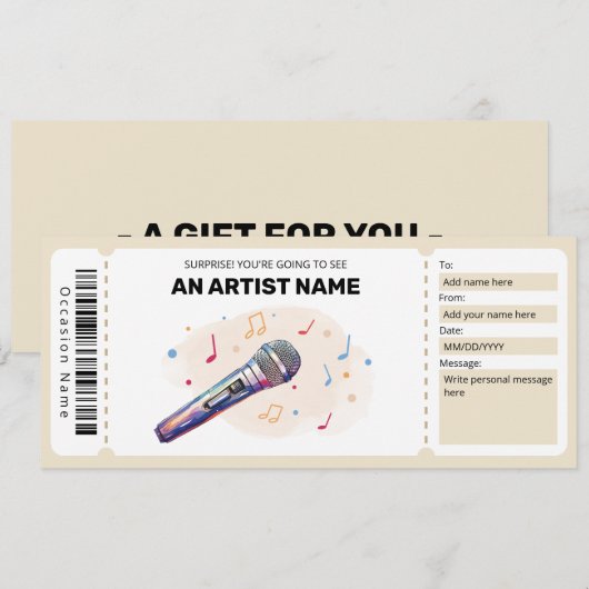 Band Ticket, Concert Cadeaubon Kaart (Voorkant / Achterkant)