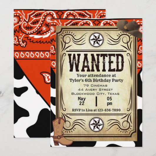 Bandana Cowboy uitnodiging voor verjaardagsfeestje (Voorkant / Achterkant)
