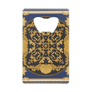 Bandana Print: Zwart Blauw Goud. Creditkaart Flessenopener