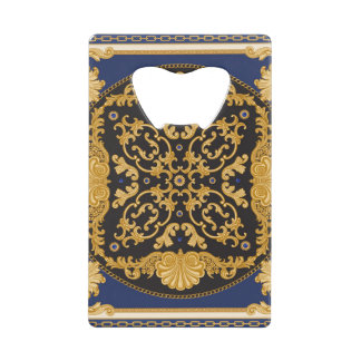 Bandana Print: Zwart Blauw Goud. Creditkaart Flessenopener